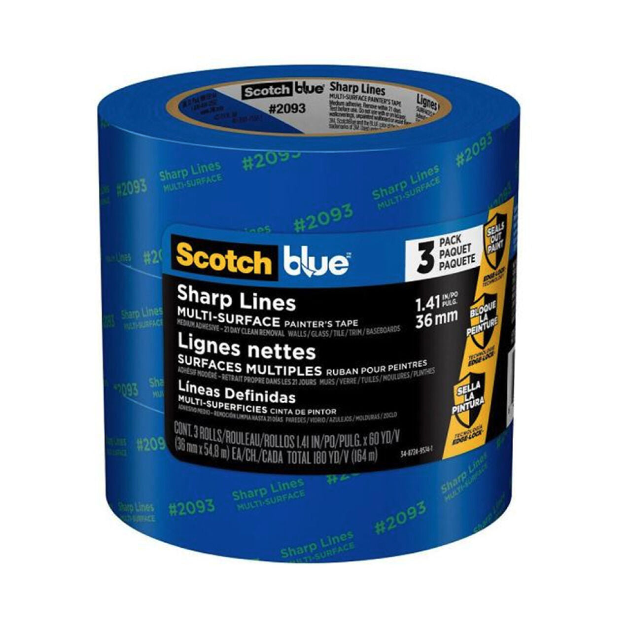 A 3-pack of Go Builds Advanced Painters Tape, measuring 1.41 in. x 60 yds, features Edge-Lock Technology for sharp lines. The UV-resistant blue tape is multi-surface and includes French and Spanish text on the packaging.